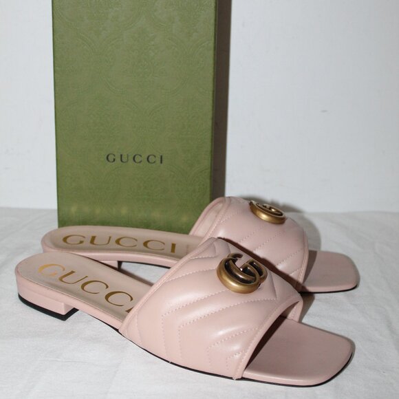 NWB Gucci GG Marmont Chevron Flats Slides Sandals Slip Ons Skin Rose 40.5 843440 - Picture 1 of 7